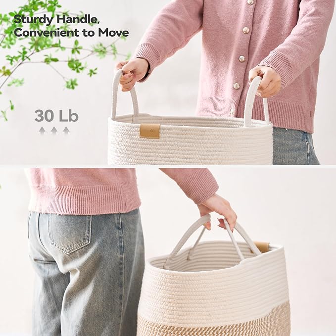 Nunsino Laundry Hamper 62L,Large Laundry Basket for Clothes,Decorative Storage Basket for Blankets,Cotton Rope Woven basket for bedroom,Brown White - Image 4