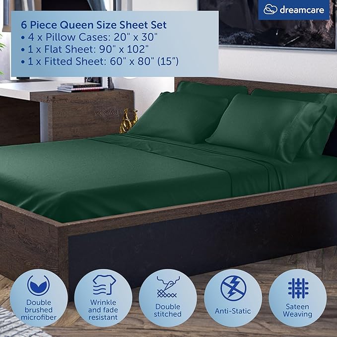 DREAMCARE Queen Sheet Set - 6 pcs Breathable Cooling Bed Sheets - up to 15" Deep Pocket Queen Sheets Set with Side Pockets - Extra Soft 100% Brushed Hypoallergenic Hotel Luxury Bedding - E Green
