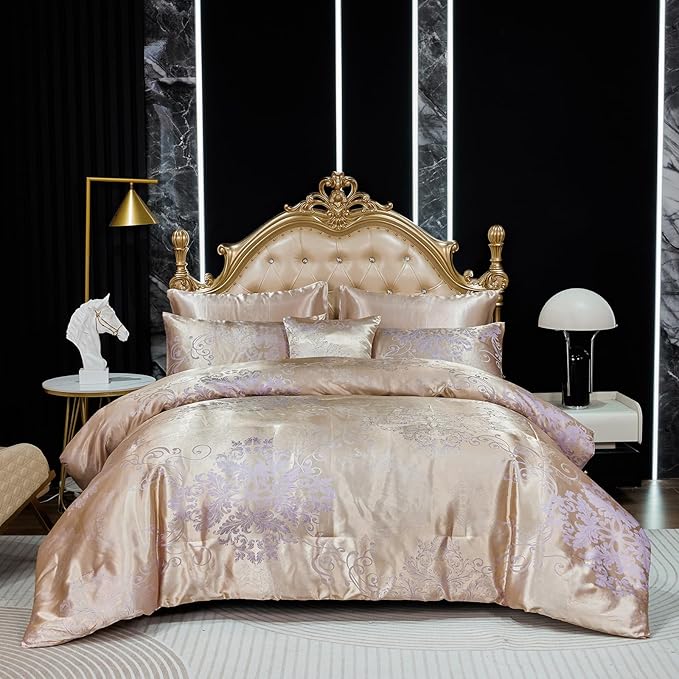 Jacquard Queen Comforter Set with Sheet Set Gold Bedding Set 8 Pcs Embroidery Neoclassical Floral Pattern Bed Home Decor Soft Down Comforter Luxury Hotel Silky Bed in a Bag with 1 Cushion Cover