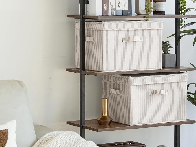 StorageWorks Fabric Storage Bins with Lid, Decorative Storage Boxes for Shelves, Stackable Closet Organizer Basket with Handles, Jumbo, Khaki and Beige Stripes, 2-Pack - Image 6