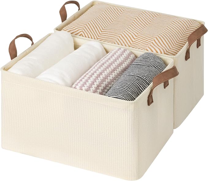 StorageWorks Storage Bins, Shelves Baskets for Organizing, Large Fabric Closet Organizers with Handles, Metal Frame, Beige-Texture, 2-Pack by StorageWorks