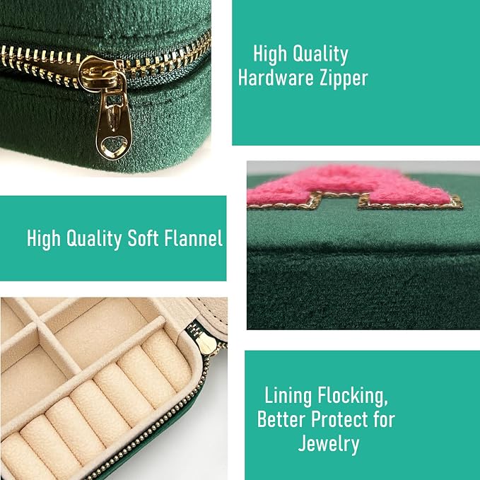 Personalized Velvet Travel Jewelry Case Box For Women Ring Necklace Earring Holder Organizer with Mirror Green Girls Box Birthday Gifts Mom Initial I - Image 4
