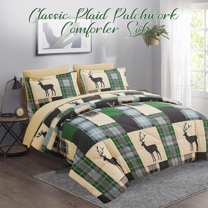 Comforter Set King Size Plaid Patchwork Comforter Bedding-7 Piece Bed in a Bag,Rustic Soft Reversible Microfiber Bedding Set(1 Comforter,1 Flat Sheet,1 Fitted Sheet,2 Pillowcases,2 Pillow Shams)Green