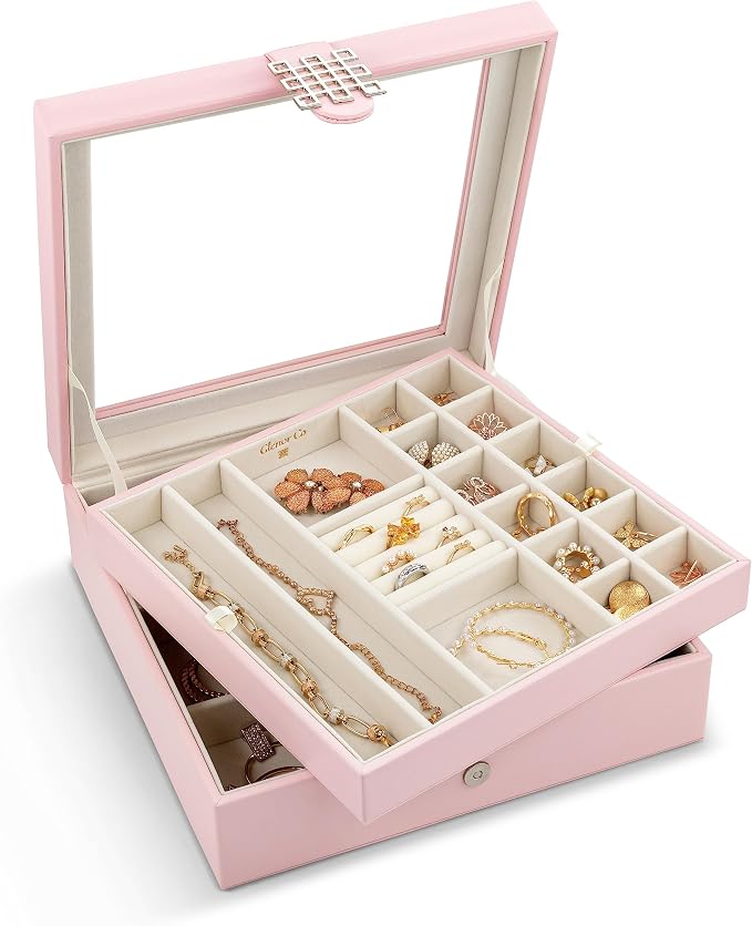 Glenor Co 28 Section Jewelry Box - 2 Layer & Buckle Magnet Closure - Large Glass Top - Leather Design - Soft Pink - Jewelry Organizer for Women & Girls - for Earring Ring Necklace & Bracelet by GlenorCo