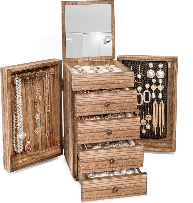Meangood Jewelry Box Wood for Women, 5-Layer Large Organizer Box with Mirror & 4 Drawers for Rings, Earrings, Necklaces, Vintage Style, Torched Wood by Meangood