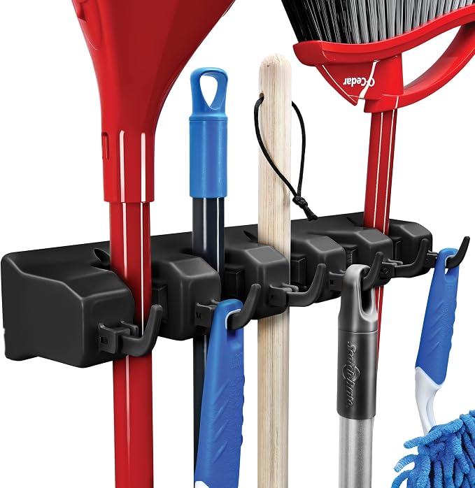 Mop and Broom Holder Wall Mount - Garage Storage Organizer with 5 Slots, 6 Hooks, 7.5lbs Capacity Per Slot - Home, Kitchen, Closet, Garden Tools, Laundry Room Organization – Black Broom Hanger by HOMEIT