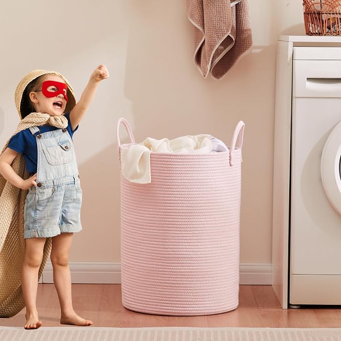 Large Pink Laundry Basket 15x20 Inches, 60L Woven Rope Hamper for Baby Girls and Kids, Tall Nursery Storage Bin, Kawaii Bedroom Laundry Hamper - Image 7