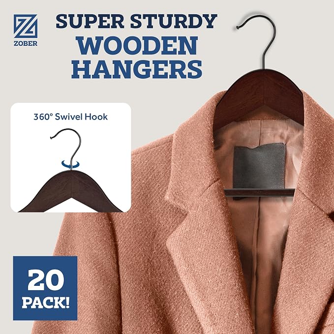 ZOBER Wooden Hangers - Heavy Duty, Non Slip Wood Hangers for Coats, Jackets, Suits, & Pants - Coat Hangers for Closet W/Bar and Notches 20 Pack - Image 2