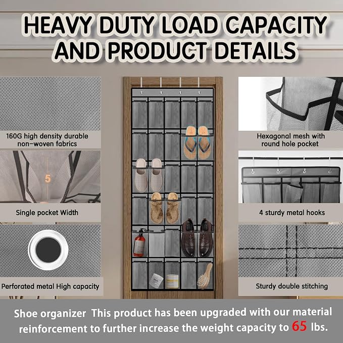 Kotkn Over the Door Shoe Organizer with 30 Breathable Mesh Pockets - Large Capacity Closet Storage for Men & Women, Hanging Shoe Rack Organizer (Gray) - Image 2