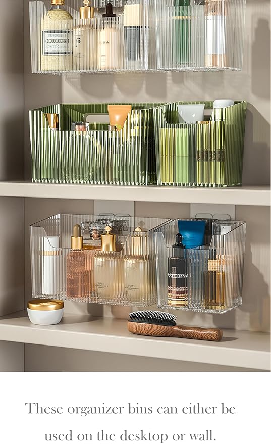 Set Of 2 Storage Organizer Bins Wall Mounted Shower Basket, Shower Caddy Stackable Clear Plastic Makeup Organizer Adhesive Hanging Bin for Bathroom, Kitchen, Cabinet, Pantry, BPA Free, Green - Image 5