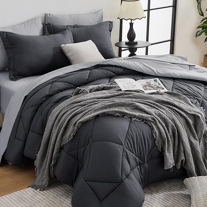 HEVUMYI Twin-XL Comforter Set - 5-Piece All Season Bed in a Bag Twin-XL, Ultra Soft Bedding Set with Comforter, Flat Sheet, Fitted Sheet, Pillowcases, Pillow Shams, Dark Grey & Light Grey