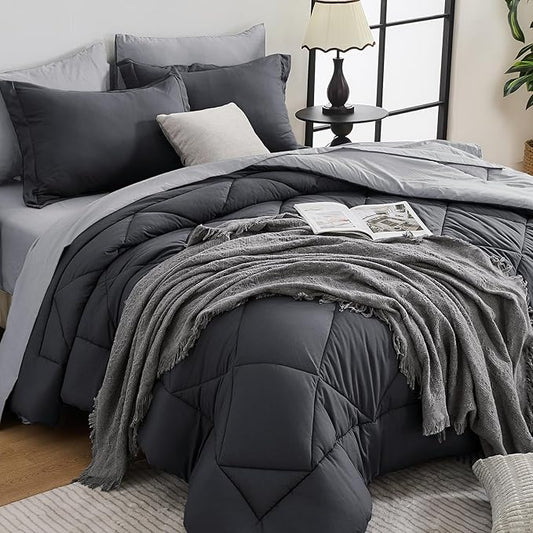 HEVUMYI Twin-XL Comforter Set - 5-Piece All Season Bed in a Bag Twin-XL, Ultra Soft Bedding Set with Comforter, Flat Sheet, Fitted Sheet, Pillowcases, Pillow Shams, Dark Grey & Light Grey