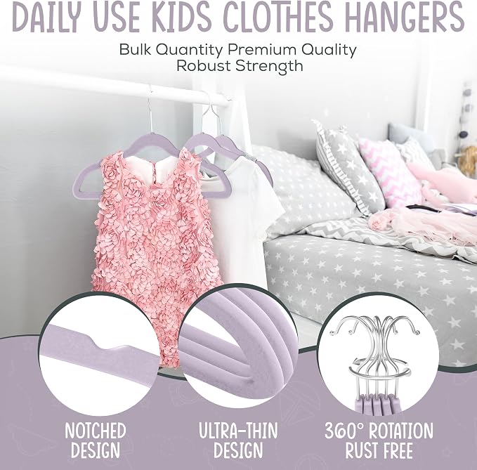 TechZoo 50 Premium Kids Velvet Hangers - 14'' Non-Slip, Ultra-Slim & Space-Saving Hangers - 360° Swivel Hook, Strong & Durable for Children & Preteens - Purple - Image 6