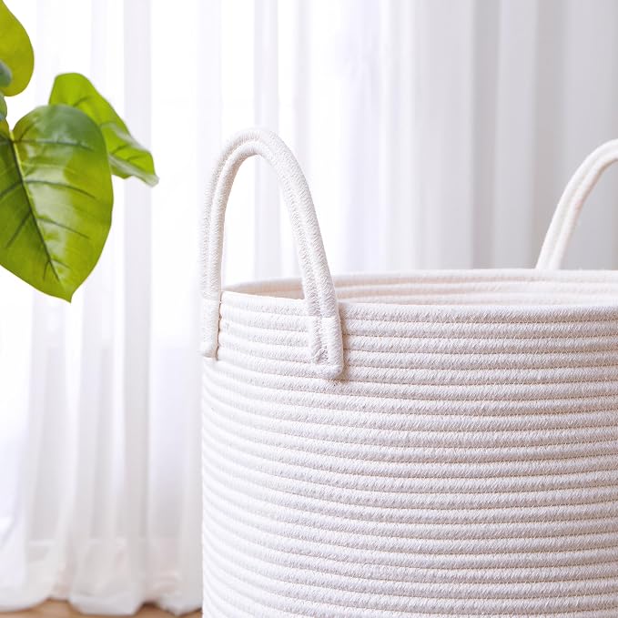 60L Pure White Woven Hamper Laundry Basket Cotton Rope Blanket Basket for Living Room 15Dx20H inches Tall Clothes Hamper for Baby Nursery Kids in Bedroom Large - Image 5