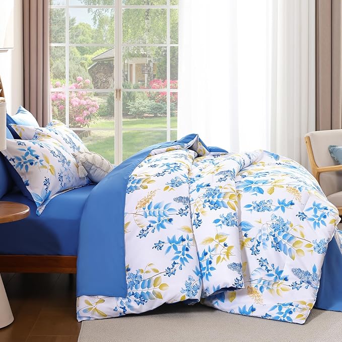 Cottolester Teal Comforter Set Queen Size Floral 7-Piece Bedding Set,Botanical Comforter Set with Pillowcases,Soft Microfiber Complete Bedding Sets for All Season