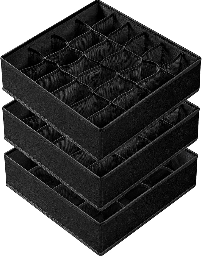 Criusia 3 Pack Sock Underwear Organizer Dividers, 64 Cell Fabric Foldable Cabinet Closet Organizers and Storage Boxes for Storing Socks, Underwear, Ties (16+24+24 Cell, Black) by Criusia