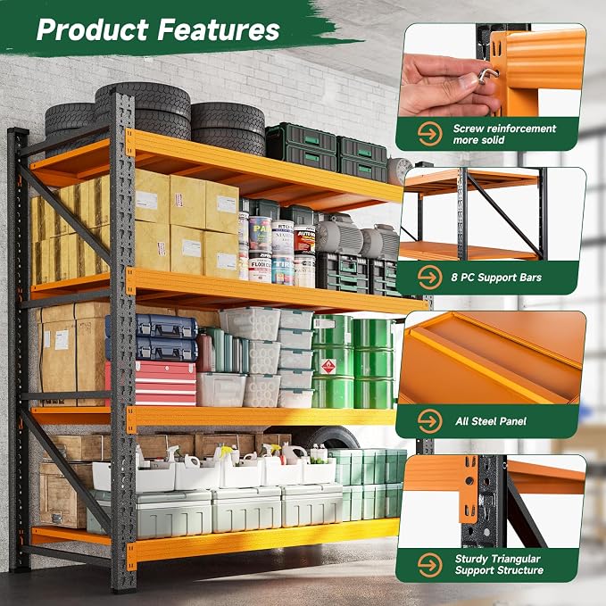 Letaya 3000LBS Heavy Duty Storage Shelves,70" H Metal Garage Shelving Units,4 Tier Large Tall Industrial Shelving,Adjustable Utility Rack Shelf for Warehouse,Basement (Orange, 48" W x 24" D x 70" H) - Image 5