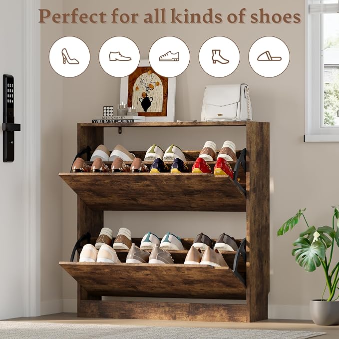 BORNOON Shoe Cabinet with 2 Flip Drawers, Slim Narrow Shoe Storage Cabinet, Freestanding Shoe Organizer with Adjustable & Removable Shelves, Top Display Shelf for Entryway, Hallway, Foyer, Closet - Image 4