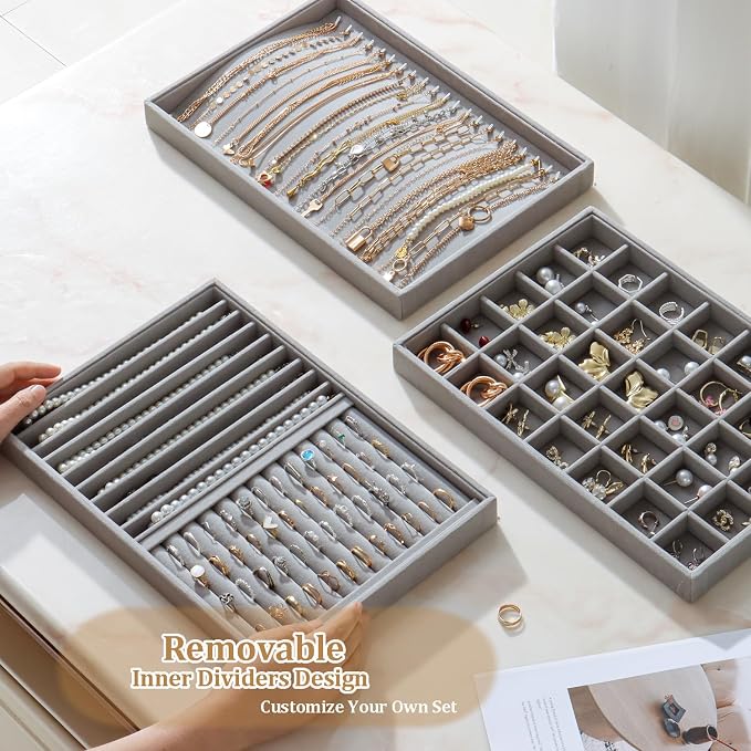 Large Velvet Jewelry Tray 2 Pack Stackable Jewelry Display Drawer Inserts Trays Organizer for Earring Bracelet Necklace Ring (Gray, Ring and 9 Grids) - Image 5
