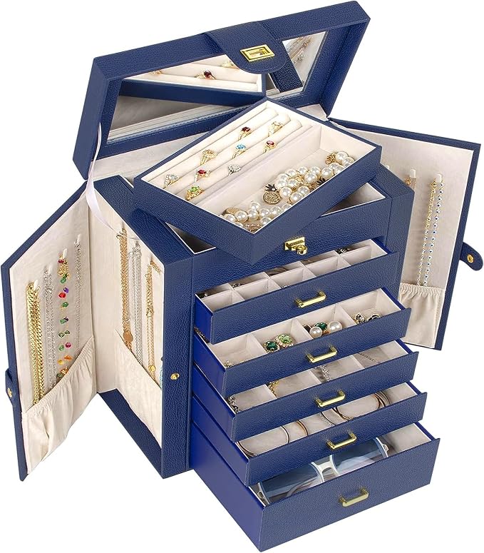 AKOZLIN Large Jewelry Box Organizer Functional with Big Mirror, Leather Jewelry Storage Case for Women Girls Ring Necklace Earring Bracelet Holder Organizer Blue - Image 2