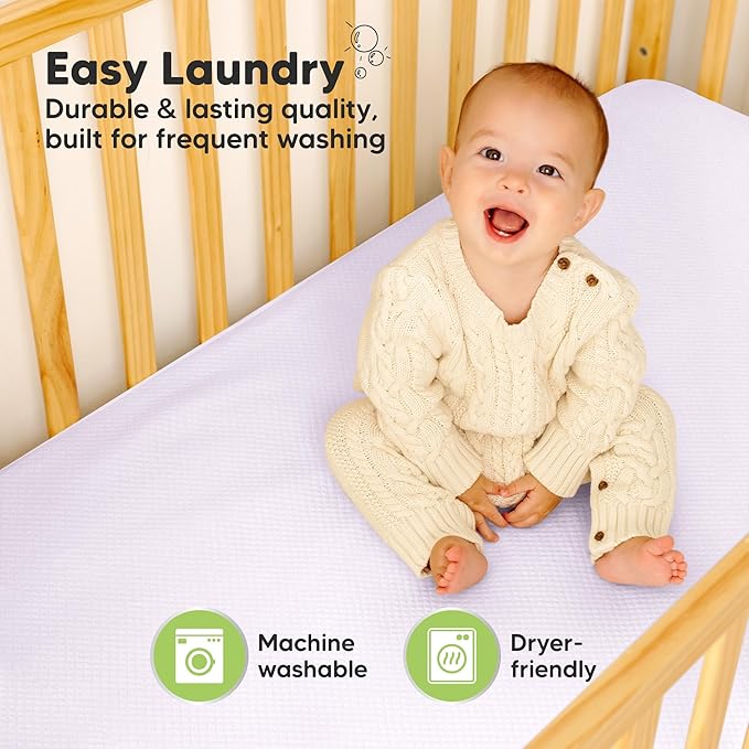 2-Pack Waterproof Crib Mattress Protector Cover Fitted - Quiet Baby Crib Mattress Pad Sheets, 52" x 28" Soft Quilted Cotton Baby Sheet, Machine Washable, Easy Fit, Durable (Lilac/Quin)