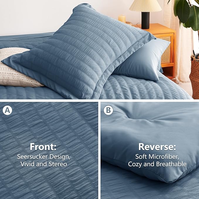 CozyLux Full Size Comforter Sets with Sheets 7 Pieces, Grayish Blue Seersucker Bed in a Bag Textured Luxury Soft Dusty Blue Bedding Sets with Down Alternative Comforter, Sheets, Pillowcases & Shams
