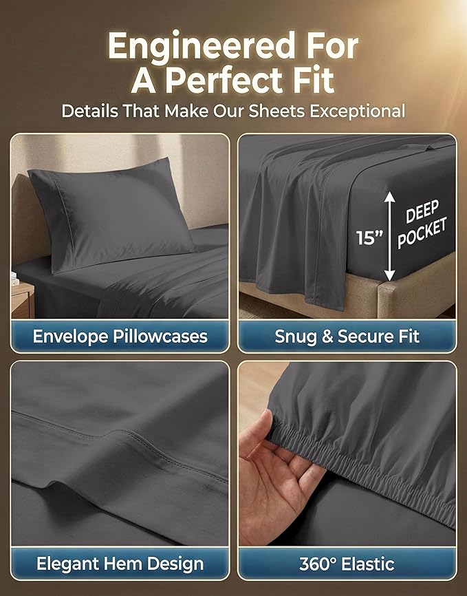 LANE LINEN Twin Bed Sheets Set - 600 Thread Count Sateen Weave for Smooth & Silky Feel On Skin - Breathable 100% Cotton Sheets for Single Beds - Fits Mattresses Upto 15'' Deep - Charcoal