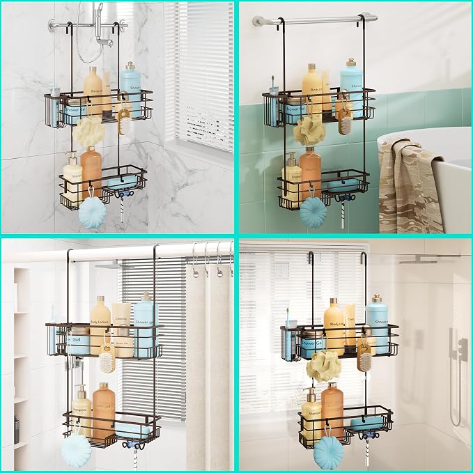 HapiRm Hanging Shower Caddy Organizer - No Drilling Shower Shelves with Hooks and Toothbrush Holder, Rustproof 304 Stainless Steel Bathroom Organizer - Bronze - Image 4
