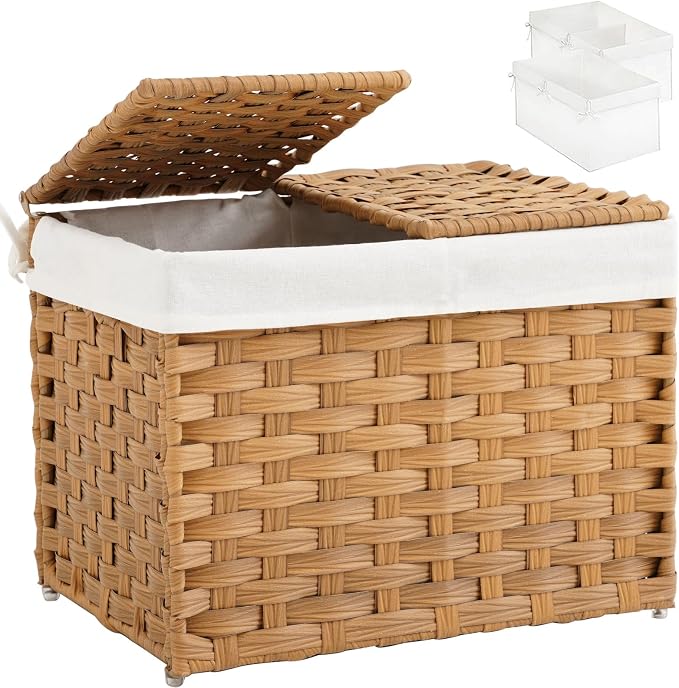 SETVSON Storage Basket with Lid Woven Wicker Baskets with 2 Separate Lid, 9.2 Gallon (35 L) Wicker Storage Bins with Handles, Foldable and 2 Removable Liner Bags for Bedroom, Laundry Room Natural by SETVSON