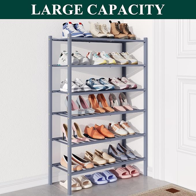 Smiry Bamboo Shoe Rack for Closet, 6 Tier Wooden Stackable Shoe Organizer, Free Standing Shoes Storage Shelf for Entryway, Front Door Entrance, Grey - Image 5
