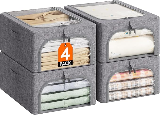 Lifewit Clothes Storage Bins with Metal Frame 3 Pack, Fabric Stackable Storage Bags with Lids, Zipper, Foldable Clost Organizers Containers for Clothing, Blanket, Winter Cloth, 25L