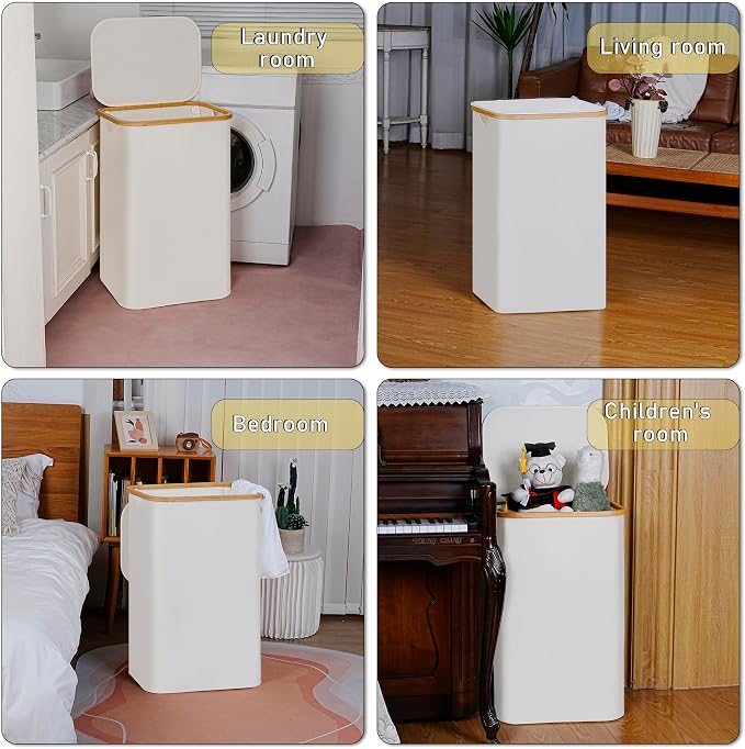 100L Laundry Hamper with Lid, Lagre Basket with Bamboo Handles,Foldable Clothes Hamper Tall Dirty Laundry Basket for Clothes Toys Towels Organizing,Beige - Image 7