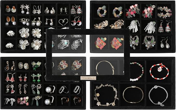 Frebeauty Earring Holder Stackable Jewelry Trays,Velvet Drawer Jewelry Organizer with Glass Lid, 5 in 1 Jewelry Box for Earrings Rings Studs,10.5 x 6.5 x 5.55 Inches Gift for Women (Black) by Frebeauty