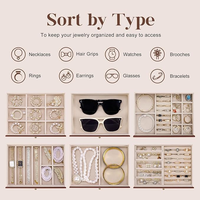 Dajasan Large Jewelry Organizer Box, Jewelry Boxes for Women Girls, 6-Tier Jewelry Storage Organizer with Mirror for Necklace Ring Bracelet Watch, Gift Idea (Brown) - Image 4