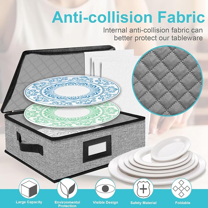 Quilted Platter Storage Case-Fine China Storage Containers Hard Shell for Organizing,Stackable Plate Storage Containers with 4 Felt Dividers,dinnerware Storage,Moving Box,Moving Supplies - Image 4