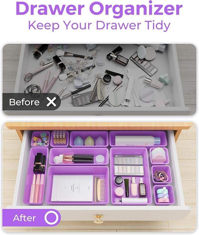 BiuLeon 25 PCS Plastic Drawer Organizers Set, 4-Sizes Vanity and Makeup Organizer, Desk and bathroom Drawer Organizer Trays, Organizers and Storage for Makeup, Jewelry, Gadgets, Utensils (Purple) - Image 4