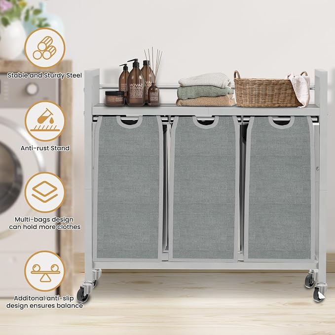 SwaaVee Laundry Hamper, Laundry Basket, Laundry Sorter with 3 Removable Bags, Clothes Basket with 3 Compartments, Wheels, Shelf for Laundry Room Bathroom Bedroom (3 Bags-Gray) - Image 6