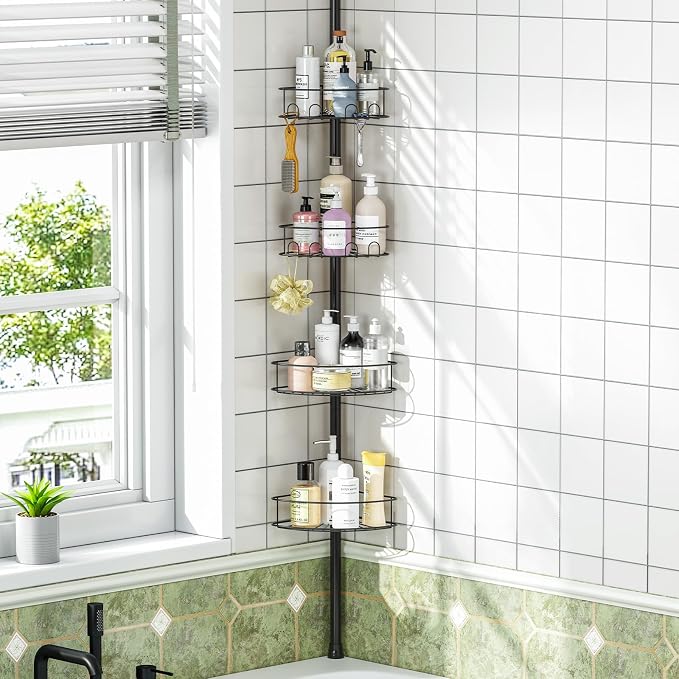 Corner Shower Caddy Tension Pole，4 Tier Adjustable Bathroom Organizer Shelves，Inside Shower Storage With Hidden Hook & Towel Holder,63.7-119 Inch No-Drill Quick Installation Shower Rack,Black by Urackify