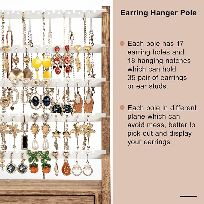 Pinzoveco Earring Organizer, 5 Layer Earring Holder Organizer with Necklace Holder Pole, Rustic Wood Jewelry Organizer Stand Display for Stud Earring Bracelet Necklace Ring, 175 Earring Holes - Image 3