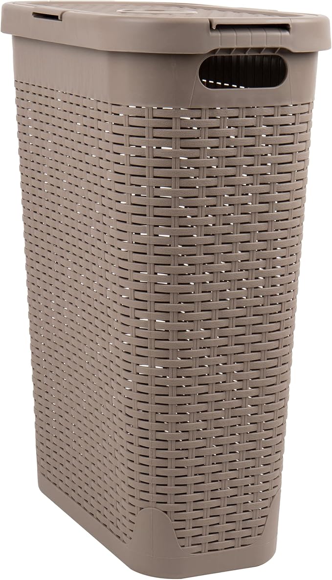 Mind Reader Slim Laundry Hamper with Lid, 40L Clothes Basket, Narrow Tapered Design with Ventilated Cutout Pattern, Plastic, Tan - Image 7