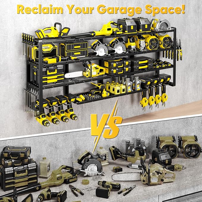 POKIPO Extra Large 64" W Power Tool Organizer Wall Mount, 1000 lbs Load Capacity, Heavy Duty 4 Tier Garage Storage Rack with 8 Drill Holders, 2 in 1 Corner or Straight Installation - Image 5