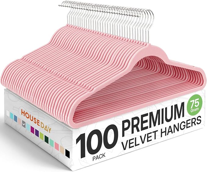 HOUSE DAY Premium Velvet Hangers 100 Pack Light Pink, Non-Slip Flocked Felt Hangers, Sturdy Clothes Hanger with 360° Rotatable Hook, Heavy Duty Durable Slim Coat Hanger for Closet Space Saving by HOUSEDAY