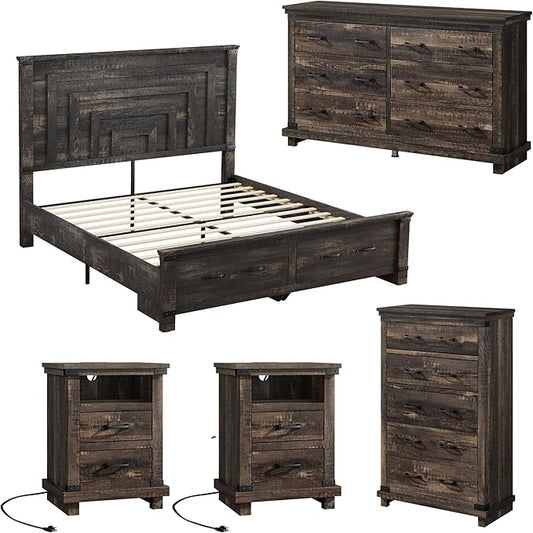 AMERLIFE 5 Pieces Farmhouse Bedroom Set, Includes Rustic Queen Bed Frame with 54" Tall Headboard, 6 Drawer Dresser, 5 Drawer Tall Chest, Nightstands Set of 2 with Charging Station, Black Oak