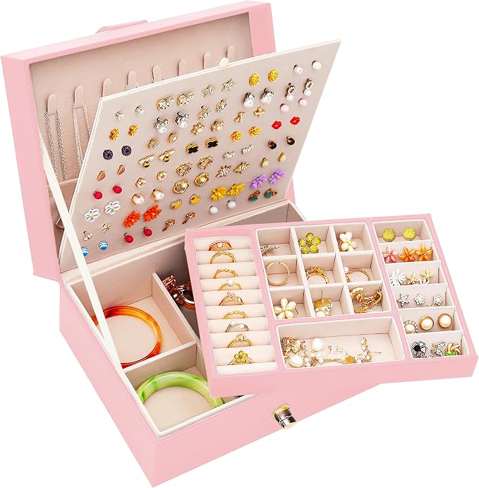 Earrings Jewelry Box for Girls, Large Capacity Jewelry Organizer with 40-Pair Earring Board, 2-Layer Leather Jewelry Storage Box for Necklaces Rings Bracelets with Removable Tray(Gift Idea),Pink by ARIYIBO