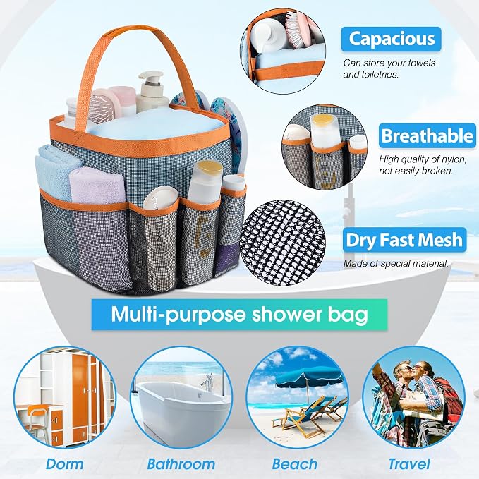 Attmu Mesh Shower Caddy Portable for College Dorm Room Camping Essentials, Shower Caddy Dorm with 9-Pockets, Large Capacity Hanging Basket Bathroom Bag for Toiletry, Swimming, Gym, Camp, Beach - Image 2