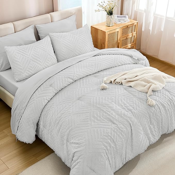 Andency Light Grey Super King Size Comforter Set with Sheets - 7 Pieces Bed in a Bag Boho Tufted Bedding Sets Fluffy Lightweight Super King Bed Set with Comforter, Sheets, Pillowcases & Shams