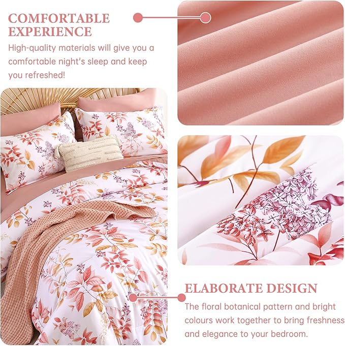 Cottolester Pink Comforter Set King Size Floral 7-Piece Bedding Set,Pink Purple Botanical Comforter Set with Pillowcases,Soft Microfiber Complete Bedding Sets for All Season