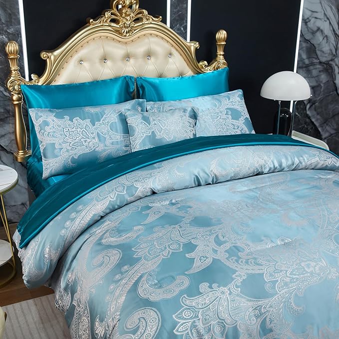 Jacquard Queen Comforter Set Peacock Green Sheet Set Satin Bedding Set 8 Pcs Embroidery Neoclassical Floral Bed Home Decor Soft Down Comforter Luxury Hotel Silky Bed in a Bag with 1 Cushion Cover