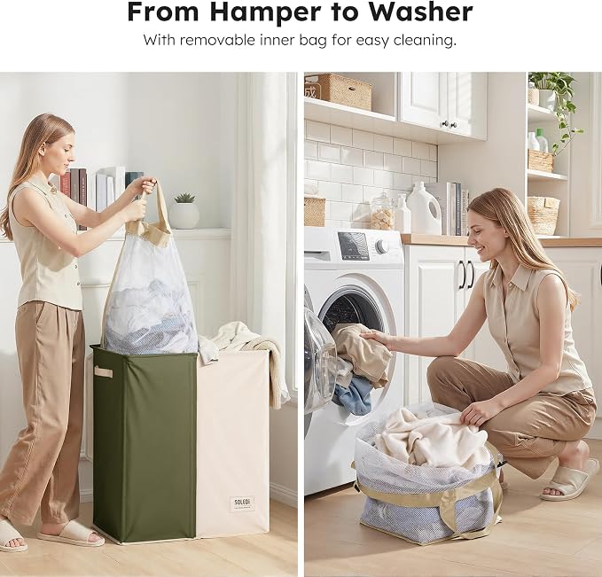 SOLEDI Large Double Laundry Hamper with Lid, Collapsible Clothes Hamper 2 section with Removable Bags, Space-Saving Laundry Basket for Bedroom, Dorm, College - Image 5