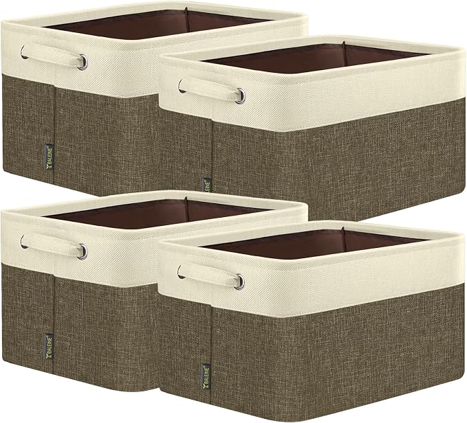 BALEINE 4 Pack Fabric Closet Storage Bins for Shelves, Linen Closet Organizers and Storage, Decorative Baskets for Organizing, Shelf, Clothes, Home, Office (Brown, 12"x8"x8") by BALEINE